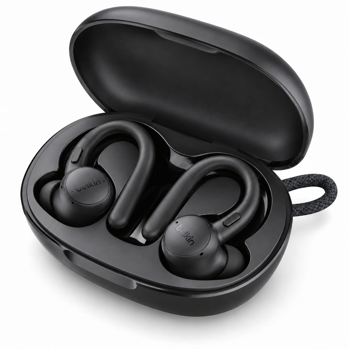Belkin SoundForm ActiveFit earbuds in open charging case