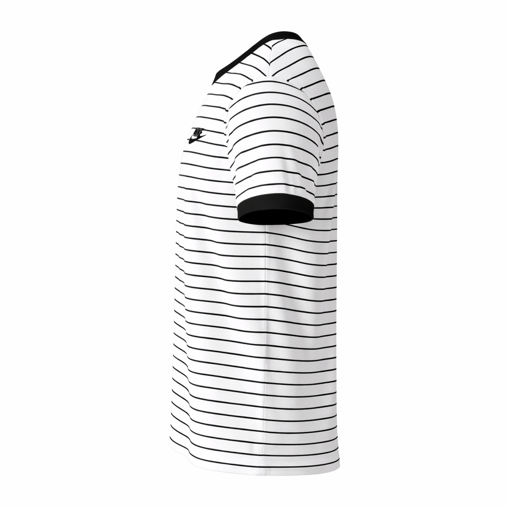 Black and white striped shirt with a logo on a white background