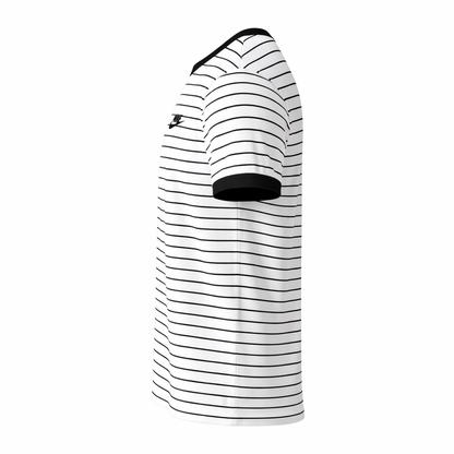 Black and white striped shirt with a logo on a white background