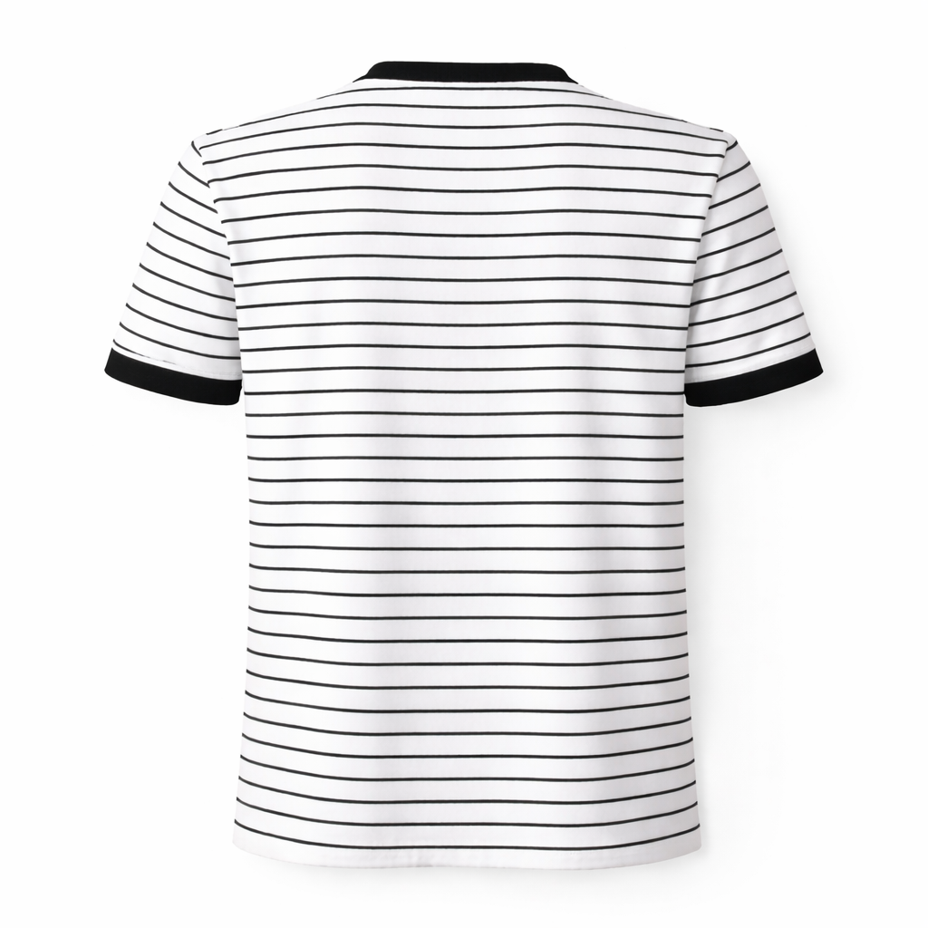 Black and white striped polo shirt on a white background