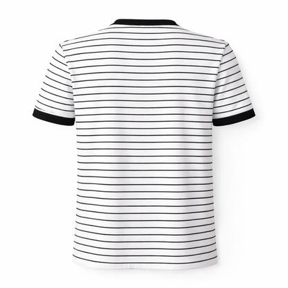 Black and white striped polo shirt on a white background
