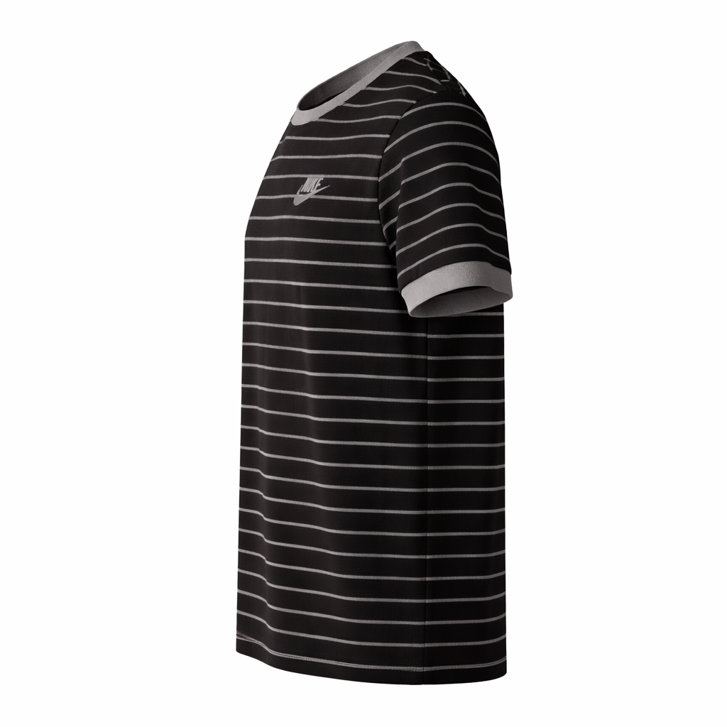 Black and gray striped t-shirt on a white background