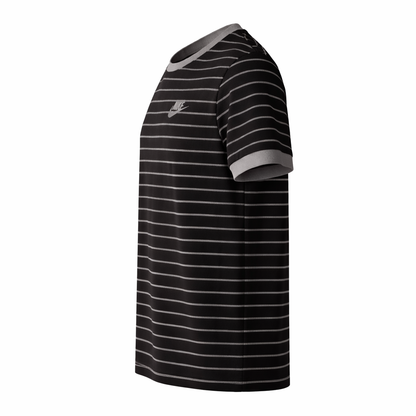 Black and gray striped t-shirt on a white background