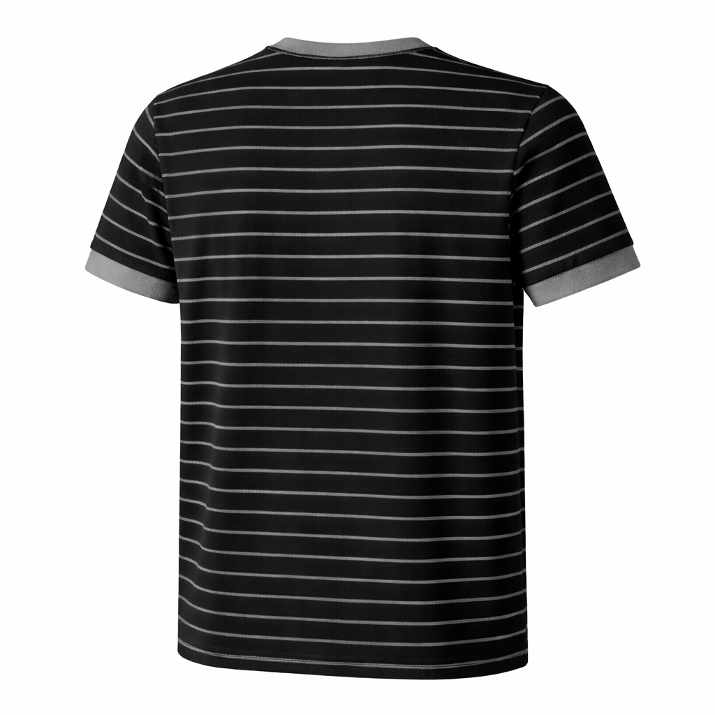 Black and gray striped t-shirt on a white background