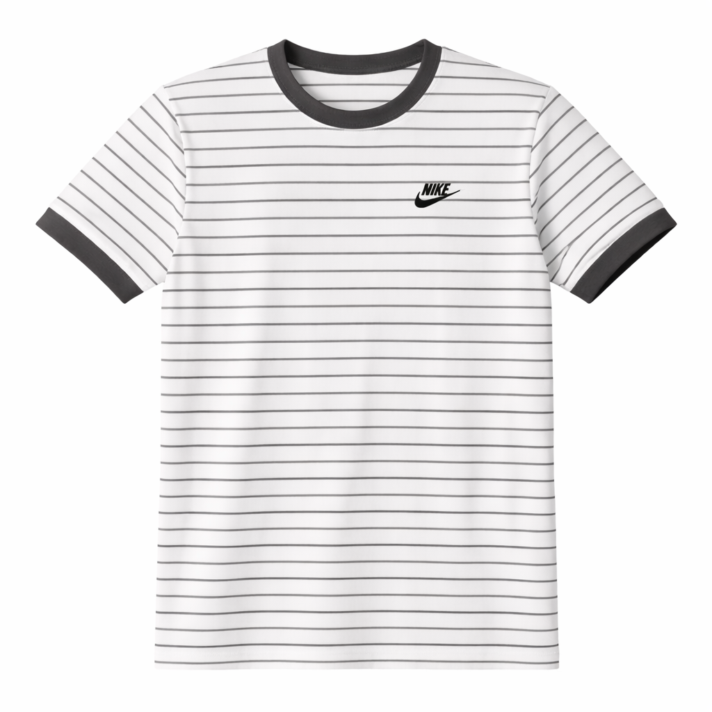 White and black striped t-shirt with Nike logo on a white background