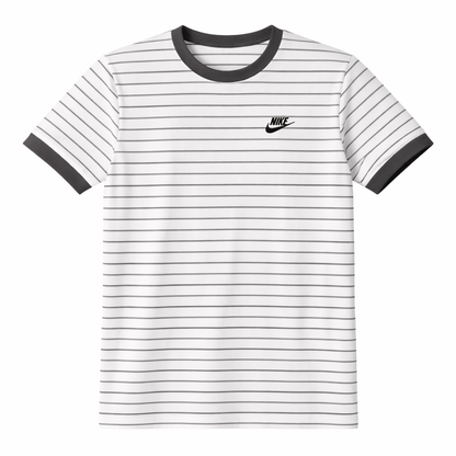 White and black striped t-shirt with Nike logo on a white background