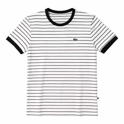 Black and white striped t-shirt with a brand logo on a white background