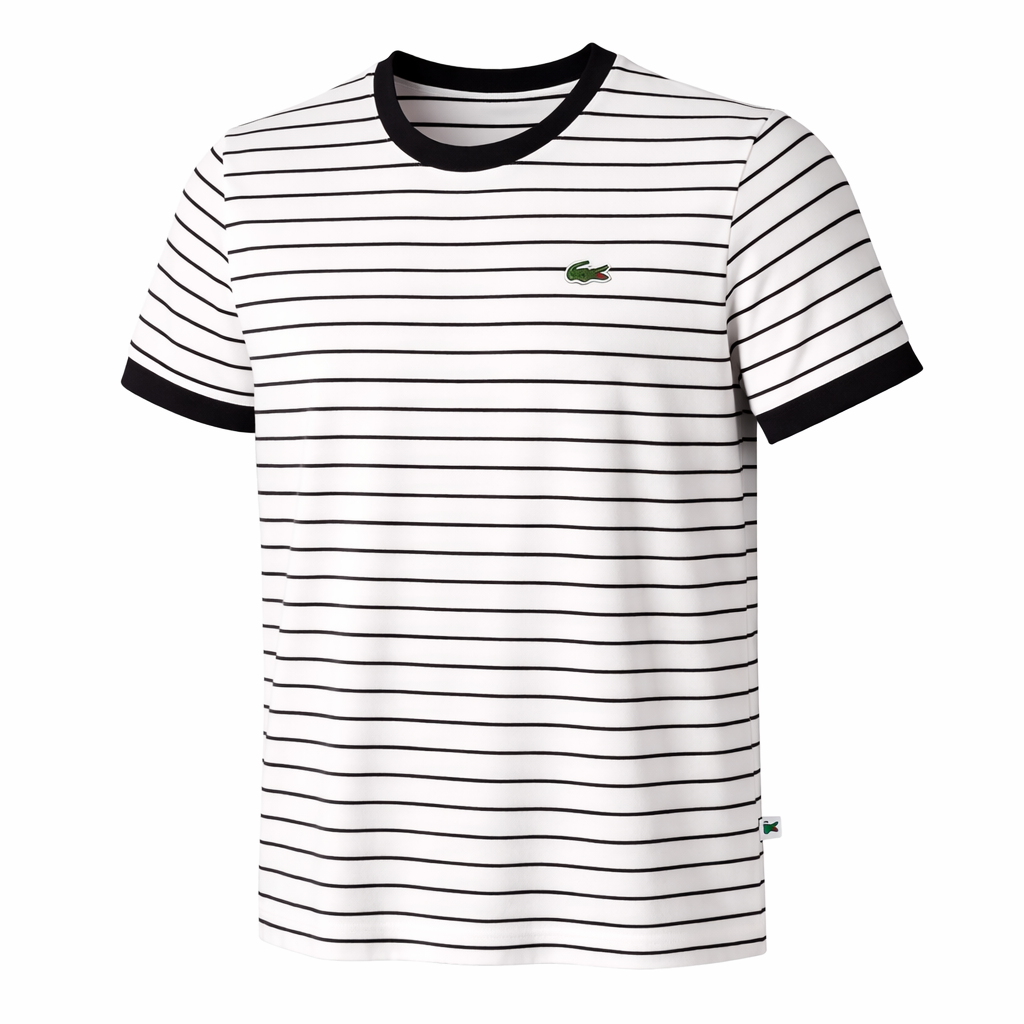 White t-shirt with black stripes and Lacoste logo on a white background