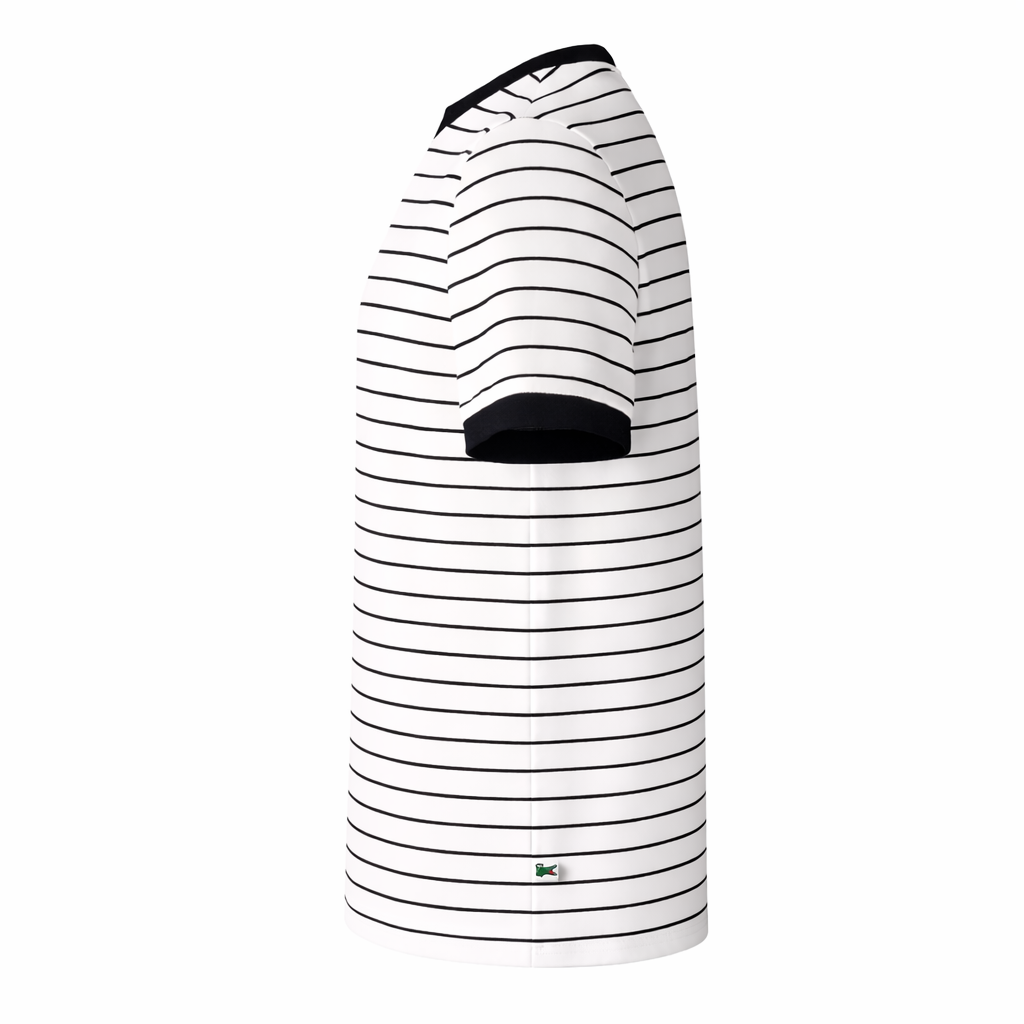 Black and white striped shirt with a brand logo on a white background