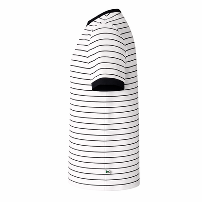 Black and white striped shirt with a brand logo on a white background