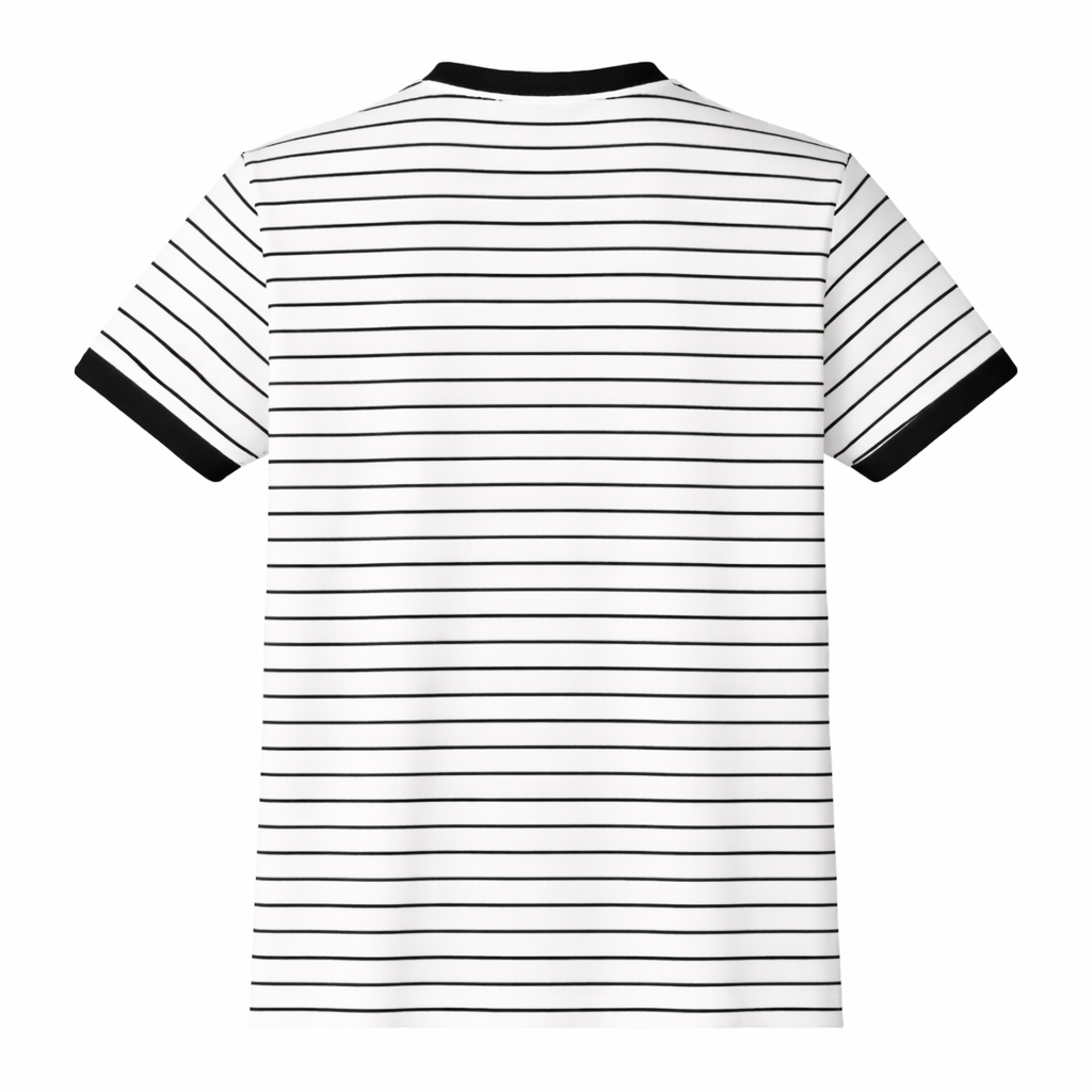 Black and white striped t-shirt on a white background