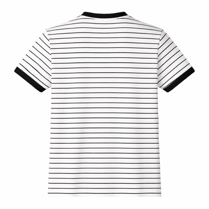 Black and white striped t-shirt on a white background
