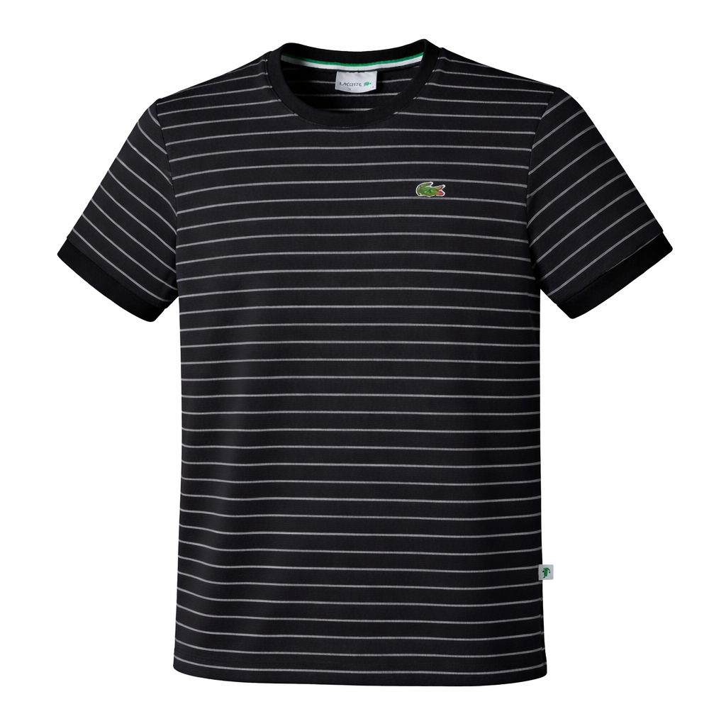 Black and white striped t-shirt with a brand logo on a white background