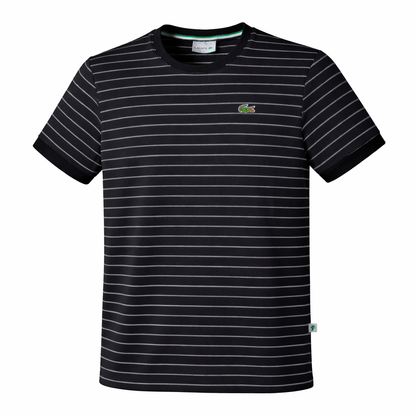 Black and white striped t-shirt with a brand logo on a white background