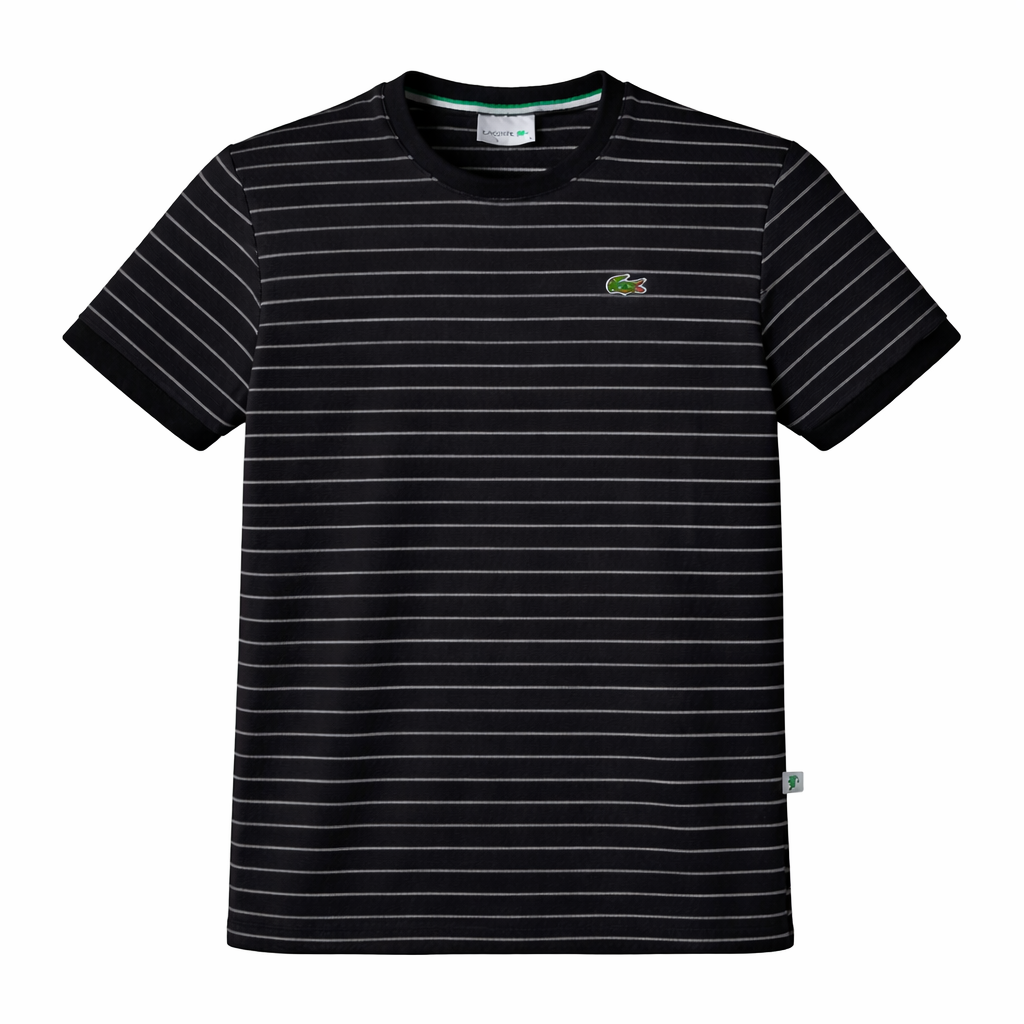 Black and white striped t-shirt with a brand logo on a white background