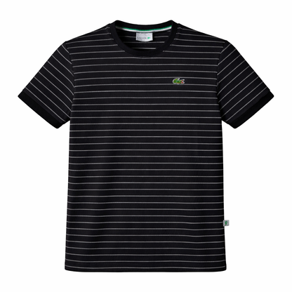 Black and white striped t-shirt with a brand logo on a white background