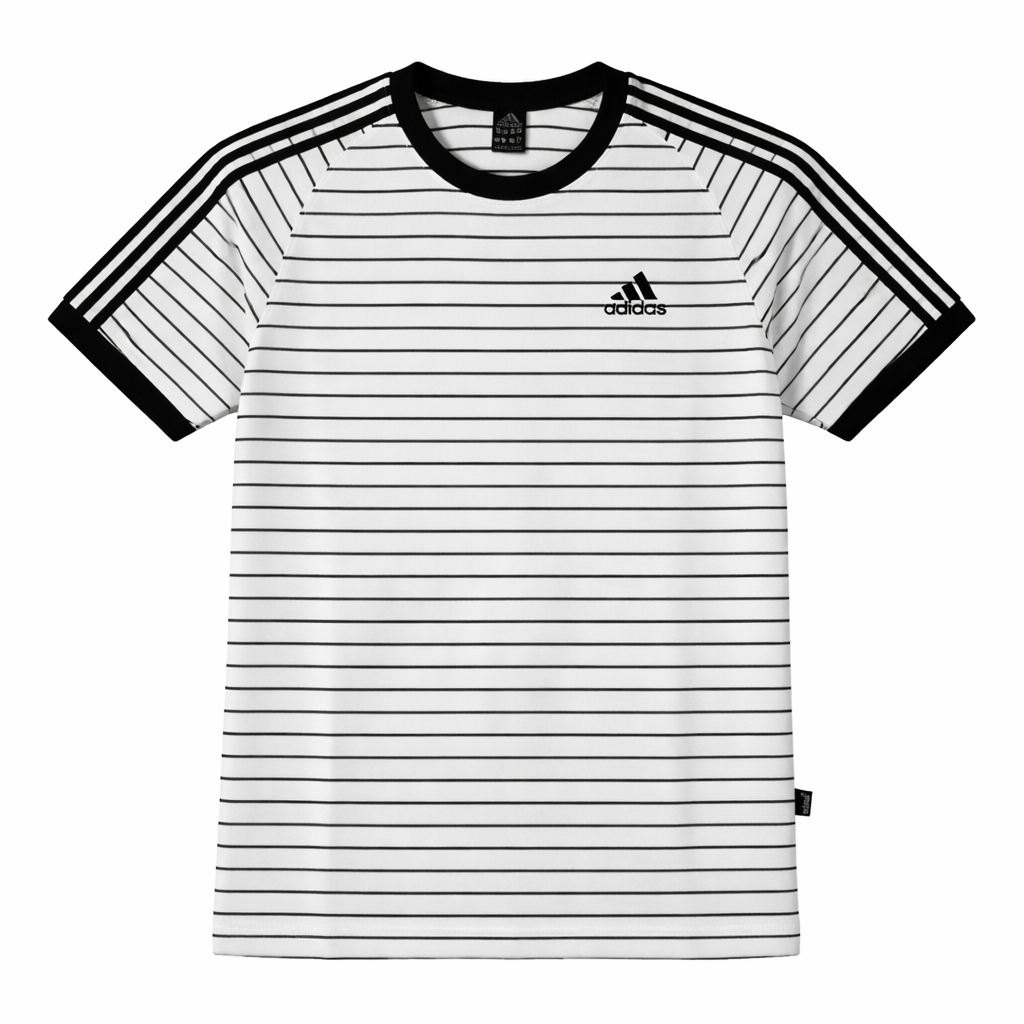 Black and white striped t-shirt with Adidas logo on a white background