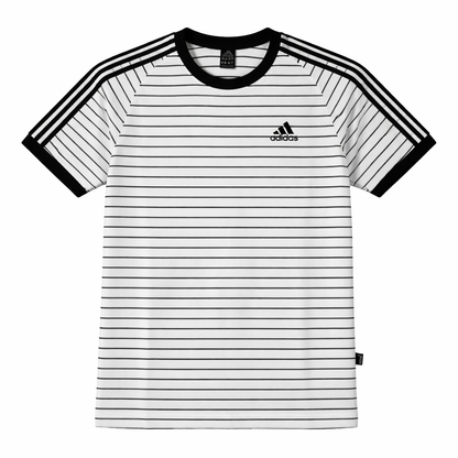 Black and white striped t-shirt with Adidas logo on a white background