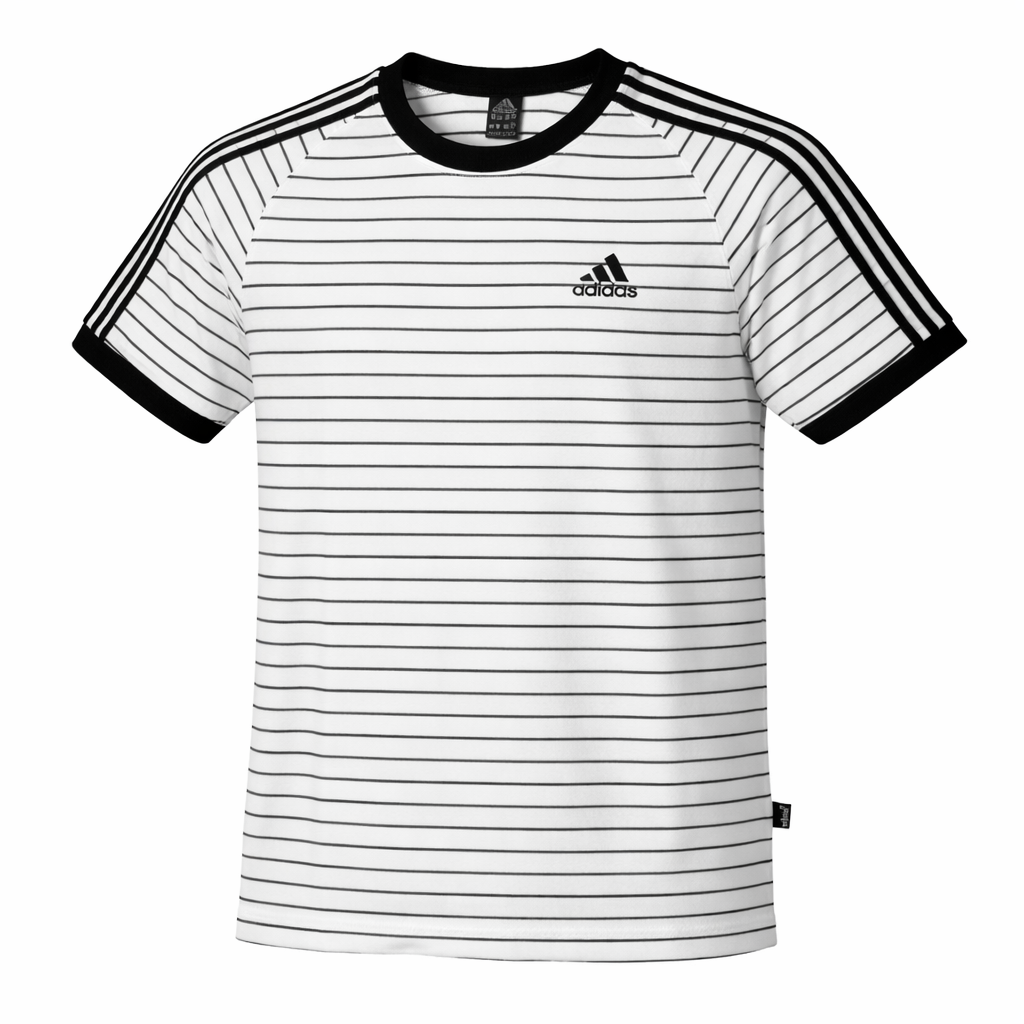 White t-shirt with black stripes and Adidas logo on a white background