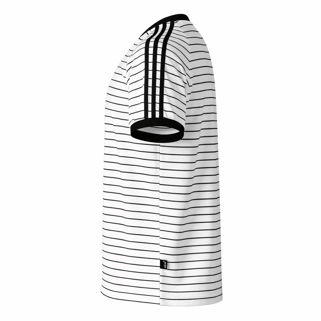 Black and white striped shirt with a circular design on a white background
