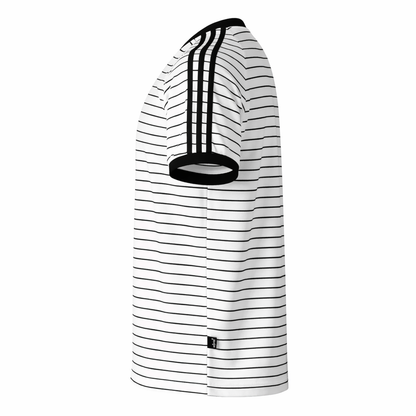 Black and white striped shirt with a circular design on a white background