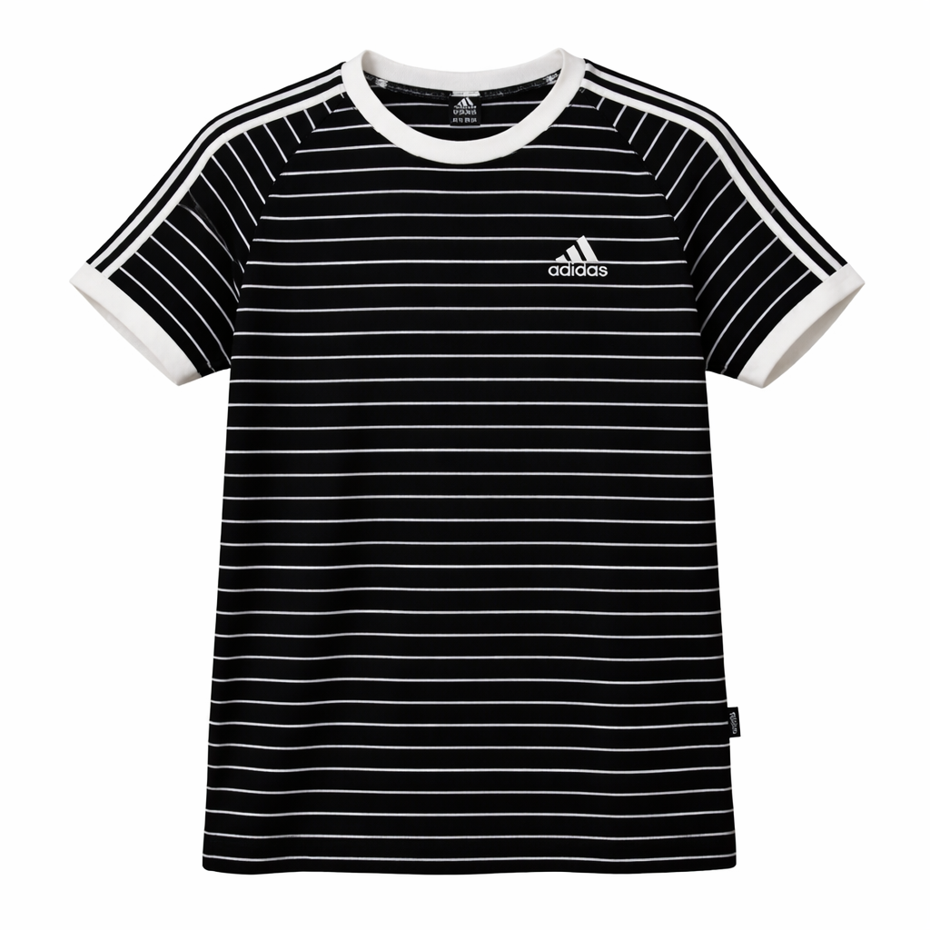 Black and white striped t-shirt with Adidas logo on a white background