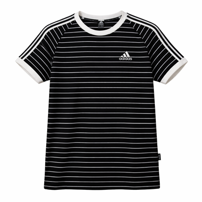 Black and white striped t-shirt with Adidas logo on a white background