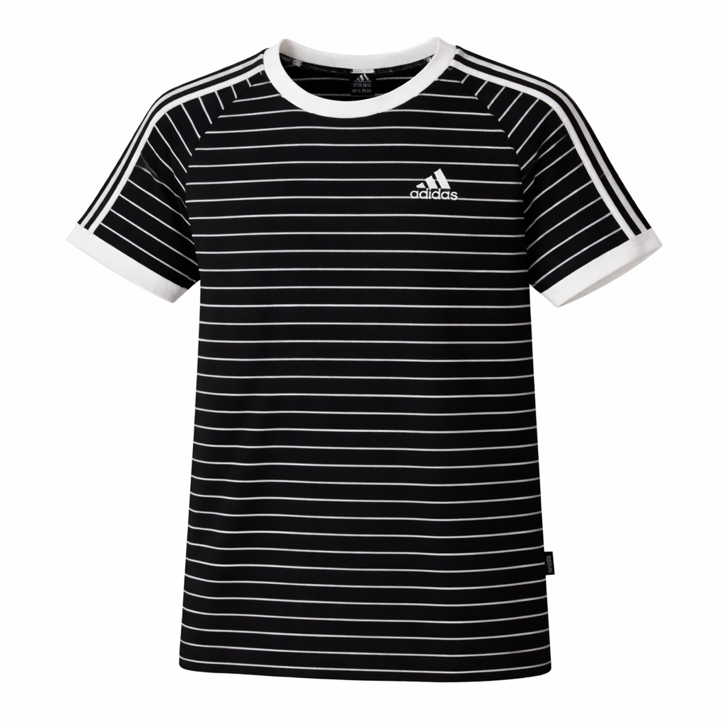 Black and white striped t-shirt with Adidas logo on a white background