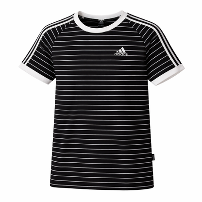 Black and white striped t-shirt with Adidas logo on a white background