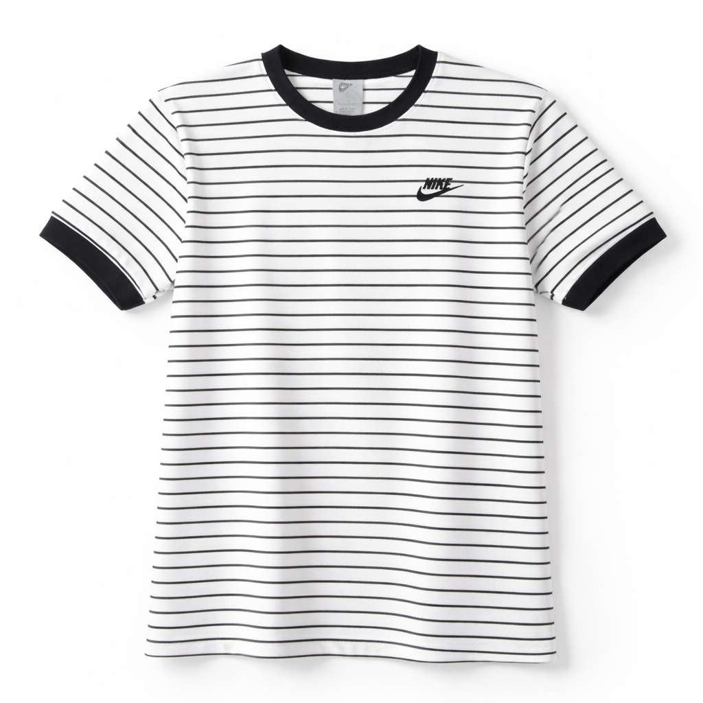 Black and white striped t-shirt with Nike logo on a white background