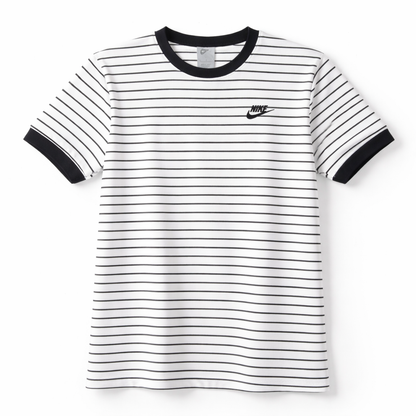 Black and white striped t-shirt with Nike logo on a white background
