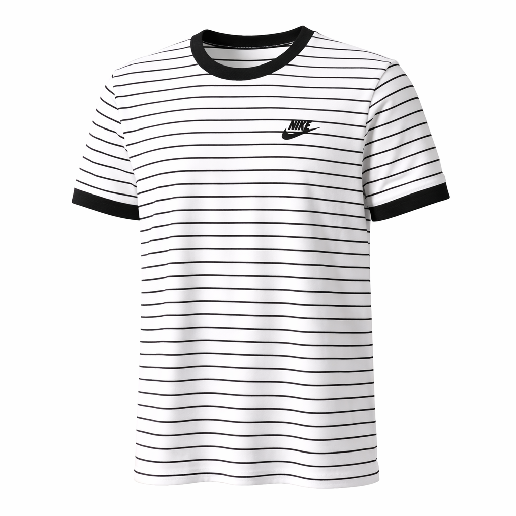 White t-shirt with black stripes and Nike logo on a white background