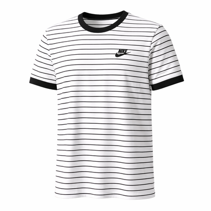White t-shirt with black stripes and Nike logo on a white background