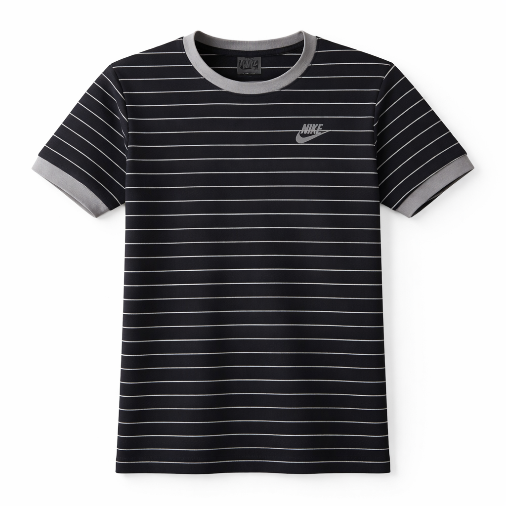 Black and gray striped t-shirt with Nike logo on a white background