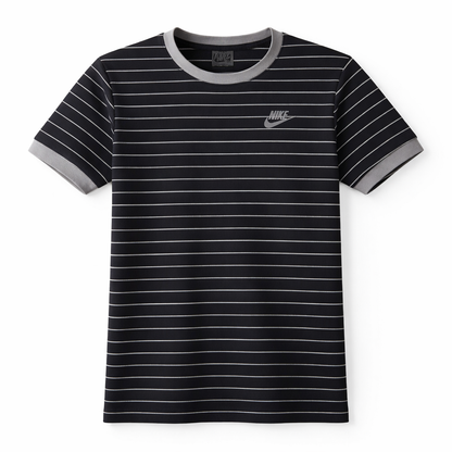Black and gray striped t-shirt with Nike logo on a white background