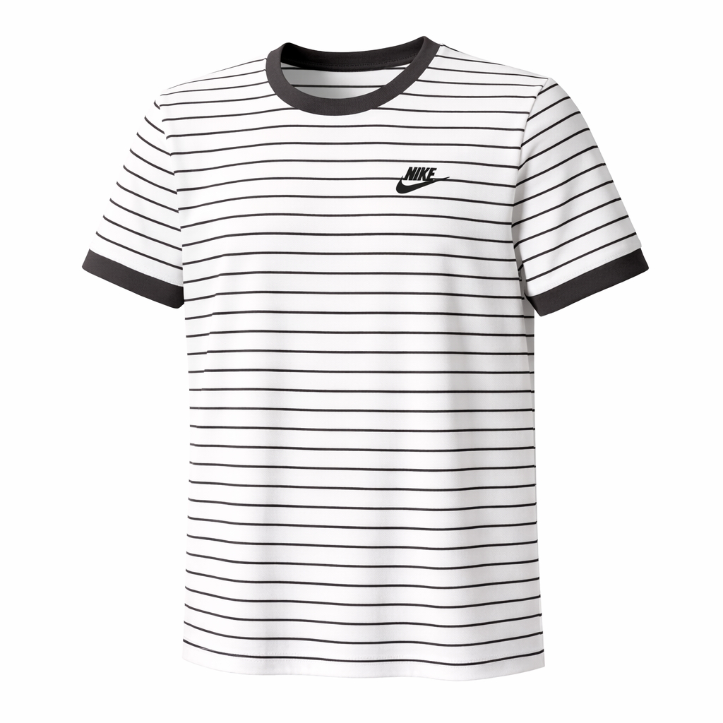 Black and white striped t-shirt with Nike logo on a white background