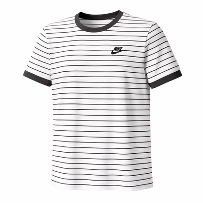 Black and white striped t-shirt with Nike logo on a white background
