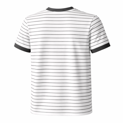 Black and white striped t-shirt on a white background