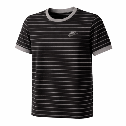 Black and gray striped t-shirt with Nike logo on a white background