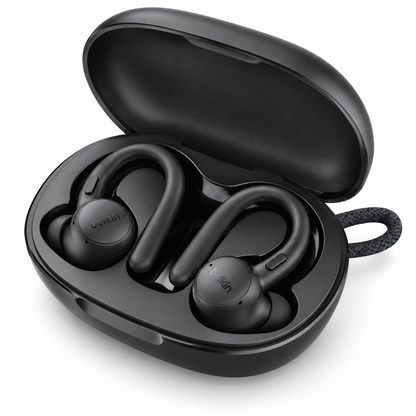 Belkin SoundForm ActiveFit earbuds in open charging case
