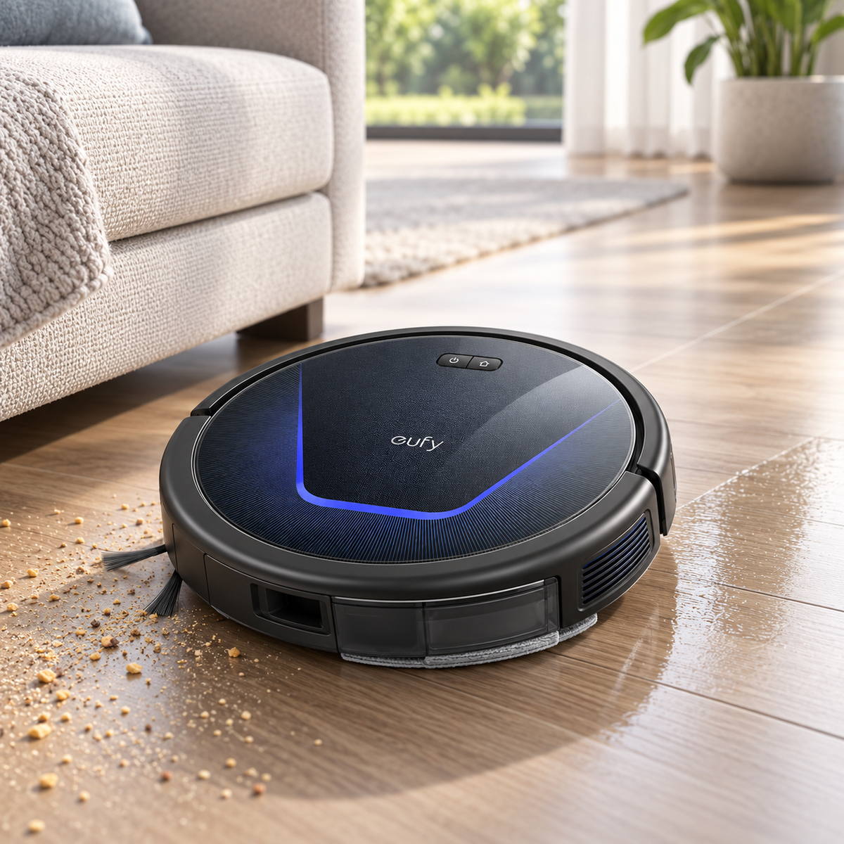 Eufy G50 Hybrid robot vacuum cleaning a modern living room