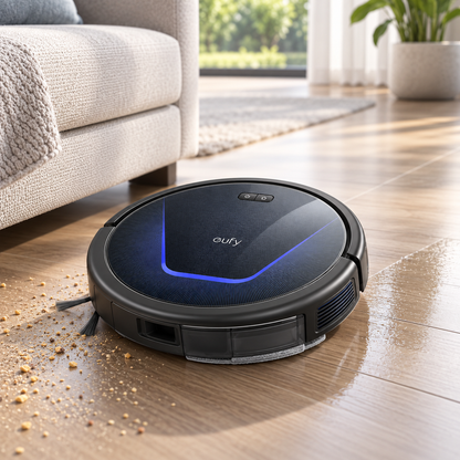 Eufy G50 Hybrid robot vacuum cleaning a modern living room